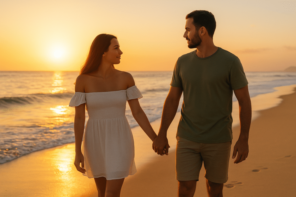 Couple enjoying sunset on beach in Goa – one of the Top 5 Best Work and Travel Places in India for digital nomads.”